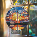 Washington DC Stained Glass Suncatcher, Round Monument Sunset Window Panel with Capitol and Lincoln Memorial, Patriotic Home Decor Gift