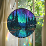 Northern Lights Stained Glass Suncatcher, Round Aurora Borealis Forest Lake Window Panel, Night Sky Nature Home Decor Gift