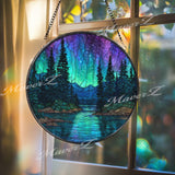 Northern Lights Stained Glass Suncatcher, Round Aurora Borealis Forest Lake Window Panel, Night Sky Nature Home Decor Gift
