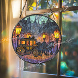 Carriage Street Stained Glass Suncatcher, Round Victorian Horse Car Window Panel, Vintage City Night Scene Home Decor Gift