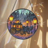 Carriage Street Stained Glass Suncatcher, Round Victorian Horse Car Window Panel, Vintage City Night Scene Home Decor Gift