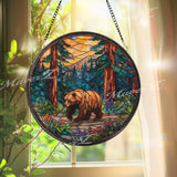 Bear Forest Stained Glass Suncatcher, Round Nature Mountain Window Panel, Woodland Wildlife Home Decor Gift for Nature Lovers