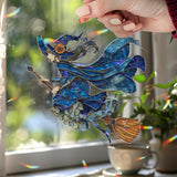 Flying Witch Acrylic Suncatcher, Stained Glass Style Blue Witch on Broom with Flowing Cape Window Hanging, Halloween Gothic Home DÃ©cor Gift
