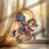 Native Warrior Horse Acrylic Suncatcher, Stained Glass Style Rider with Feather Headdress and Sun Window Hanging