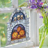 Pumpkin Skull Fireplace Acrylic Suncatcher, Stained Glass Style Jack Oâ€™Lanterns with Skulls Window Hanging, Gothic Halloween Home DÃ©cor Gift