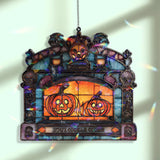 Pumpkin Fireplace Acrylic Suncatcher, Stained Glass Style Jack Oâ€™Lanterns in Gothic Fireplace Window Hanging