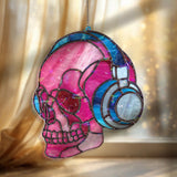 Skull Headphones Acrylic Suncatcher, Stained Glass Style Pink Skull with Blue Headset Window Hanging, Gothic Music Lover Home DÃ©cor Gift