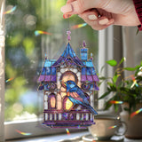 Birdhouse Acrylic Suncatcher, Stained Glass Style Blue Bird with Lantern Windows Window Hanging, Cottagecore Nature Home DÃ©cor Gift