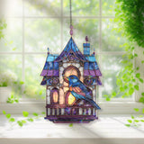 Birdhouse Acrylic Suncatcher, Stained Glass Style Blue Bird with Lantern Windows Window Hanging, Cottagecore Nature Home DÃ©cor Gift