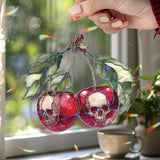 Cherry Skull Acrylic Suncatcher, Stained Glass Style Red Cherries with Gothic Skulls Window Hanging, Dark Alternative Home DÃ©cor Gift