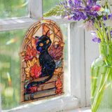Black Cat Acrylic Suncatcher, Stained Glass Style Autumn Leaves with Books Window Hanging, Gothic Halloween Witchy Home DÃ©cor Gift