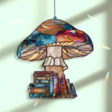 Mushroom and Books Acrylic Suncatcher, Stained Glass Style Colorful Toadstool with Stack of Books Window Hanging