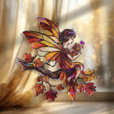 Fairy Acrylic Suncatcher, Stained Glass Style Autumn Fairy with Squirrel Window Hanging, Fantasy Nature Home DÃ©cor Gift for Fall Lovers
