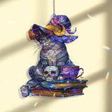 Witch Cat Acrylic Suncatcher, Stained Glass Style Halloween Cat with Hat Books Skull and Cup Window Hanging, Spooky Fall Home Decor Gift