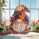 Autumn Gnome Acrylic Suncatcher, Stained Glass Style Fall Leaves Pinecone Harvest Window Hanging, Rustic Thanksgiving Home Decor Gift