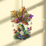 Frog with Autumn Leaf Acrylic Suncatcher, Stained Glass Style Cute Animal Window Hanging, Fall Nature Rainy Day Home Decor Gift