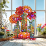 Autumn Flowers and Pumpkin Acrylic Suncatcher, Stained Glass Style Fall Vase Window Hanging, Rustic Thanksgiving Home Decor Gift