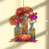 Autumn Flowers and Pumpkin Acrylic Suncatcher, Stained Glass Style Fall Vase Window Hanging, Rustic Thanksgiving Home Decor Gift
