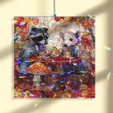 Raccoons Tea Party Acrylic Suncatcher, Stained Glass Style Autumn Forest Animals Window Hanging, Woodland Fall Nature Home Decor Gift