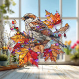 Sparrow Acrylic Suncatcher, Stained Glass Style Bird on Autumn Branch Window Hanging, Fall Leaves Nature Inspired Home Decor Gift