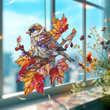 Sparrow Acrylic Suncatcher, Stained Glass Style Bird on Autumn Branch Window Hanging, Fall Leaves Nature Inspired Home Decor Gift