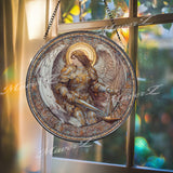 Archangel Stained Glass Suncatcher, Round Angel with Sword and Scales Window Panel, Spiritual Justice Guardian Home Decor Gift
