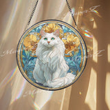 White Cat Stained Glass Suncatcher, Round Feline Window Panel with Yellow Flowers, Pet Lover Gift, Artistic Cat Home Decor Hanging