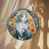 Gray and White Cat Stained Glass Suncatcher, Round Feline Window Panel with Yellow Flowers, Pet Lover Gift, Artistic Cat Home Decor