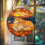 Fox Stained Glass Suncatcher, Round Autumn Window Panel with Sleeping Foxes and Fall Leaves, Rustic Woodland Animal Home Decor Gift