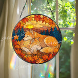 Fox Stained Glass Suncatcher, Round Autumn Window Panel with Sleeping Foxes and Fall Leaves, Rustic Woodland Animal Home Decor Gift