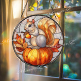 Squirrel Stained Glass Suncatcher, Round Autumn Window Panel with Pumpkin and Acorn, Woodland Animal Fall Home Decor Gift