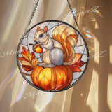 Squirrel Stained Glass Suncatcher, Round Autumn Window Panel with Pumpkin and Acorn, Woodland Animal Fall Home Decor Gift