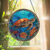 Sea Turtle Stained Glass Suncatcher, Round Ocean Window Panel with Coral Reef Design, Coastal Beach Marine Life Home Decor Gift