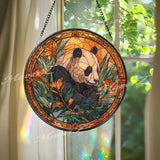 Panda Stained Glass Suncatcher, Round Wildlife Window Panel with Bamboo and Flowers, Nature Animal Home Decor Gift for Panda Lovers