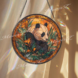 Panda Stained Glass Suncatcher, Round Wildlife Window Panel with Bamboo and Flowers, Nature Animal Home Decor Gift for Panda Lovers