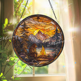 Bigfoot Stained Glass Suncatcher, Round Mountain Sunset Window Panel with Campfire Scene, Rustic Forest Sasquatch Home Decor Gift