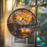 Bigfoot Stained Glass Suncatcher, Round Mountain Sunset Window Panel with Campfire Scene, Rustic Forest Sasquatch Home Decor Gift