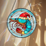 Christmas Shrimp Stained Glass Suncatcher, Round Ocean Window Panel with Santa Hat, Coastal Beach Holiday Nautical Home Decor Gift
