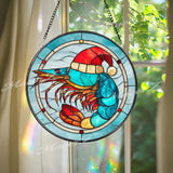 Christmas Shrimp Stained Glass Suncatcher, Round Ocean Window Panel with Santa Hat, Coastal Beach Holiday Nautical Home Decor Gift