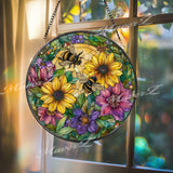 Bee and Flowers Stained Glass Suncatcher, Round Sunflower Window Panel with Colorful Blooms, Nature Garden Pollinator Home Decor Gift