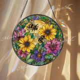 Bee and Flowers Stained Glass Suncatcher, Round Sunflower Window Panel with Colorful Blooms, Nature Garden Pollinator Home Decor Gift