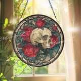 Skull and Roses Stained Glass Suncatcher, Round Gothic Window Panel with Red Flowers, Dark Romantic Macabre Home Decor Gift