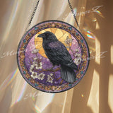 Raven Stained Glass Suncatcher, Round Gothic Window Panel with Moon and Flowers, Mystical Bird Home Decor Gift for Nature and Fantasy Lovers