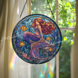 Mermaid Stained Glass Suncatcher, Round Ocean Window Panel with Colorful Fish, Fantasy Sea Siren Nautical Coastal Home Decor Gift