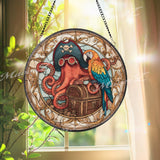 Pirate Octopus Stained Glass Suncatcher, Round Nautical Window Panel with Treasure Chest and Parrot, Ocean Fantasy Home Decor Gift