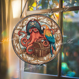 Pirate Octopus Stained Glass Suncatcher, Round Nautical Window Panel with Treasure Chest and Parrot, Ocean Fantasy Home Decor Gift