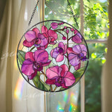 Orchid Stained Glass Suncatcher, Round Pink and Purple Flower Window Panel, Elegant Floral Glass Art Home Decor Gift for Garden Lovers