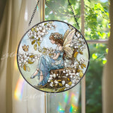 Fairy Stained Glass Suncatcher, Round Enchanted Window Panel with Blossoms and Butterfly, Fantasy Garden Home Decor Gift