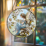 Fairy Stained Glass Suncatcher, Round Enchanted Window Panel with Blossoms and Butterfly, Fantasy Garden Home Decor Gift