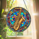 Saxophone Stained Glass Suncatcher, Round Musical Instrument Window Panel, Jazz Music Lover Gift, Colorful Musician Home Decor